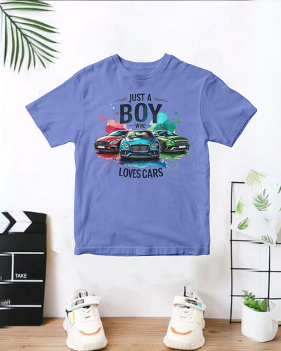 Just a Boy Who Loves Cars  Light Blue  Printed T-Shirt